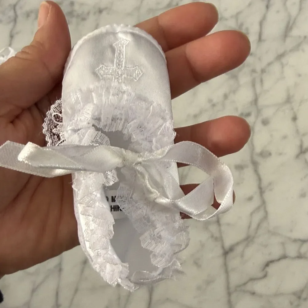 White Lace Baby Shoes Ruffle Socks Set Christening Baptism 6-9Mo